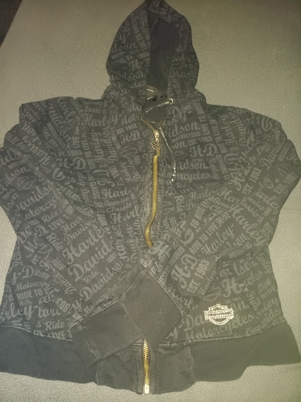 Harley-Davidson Black Graphic Zip Hoodie with Gold Zipper